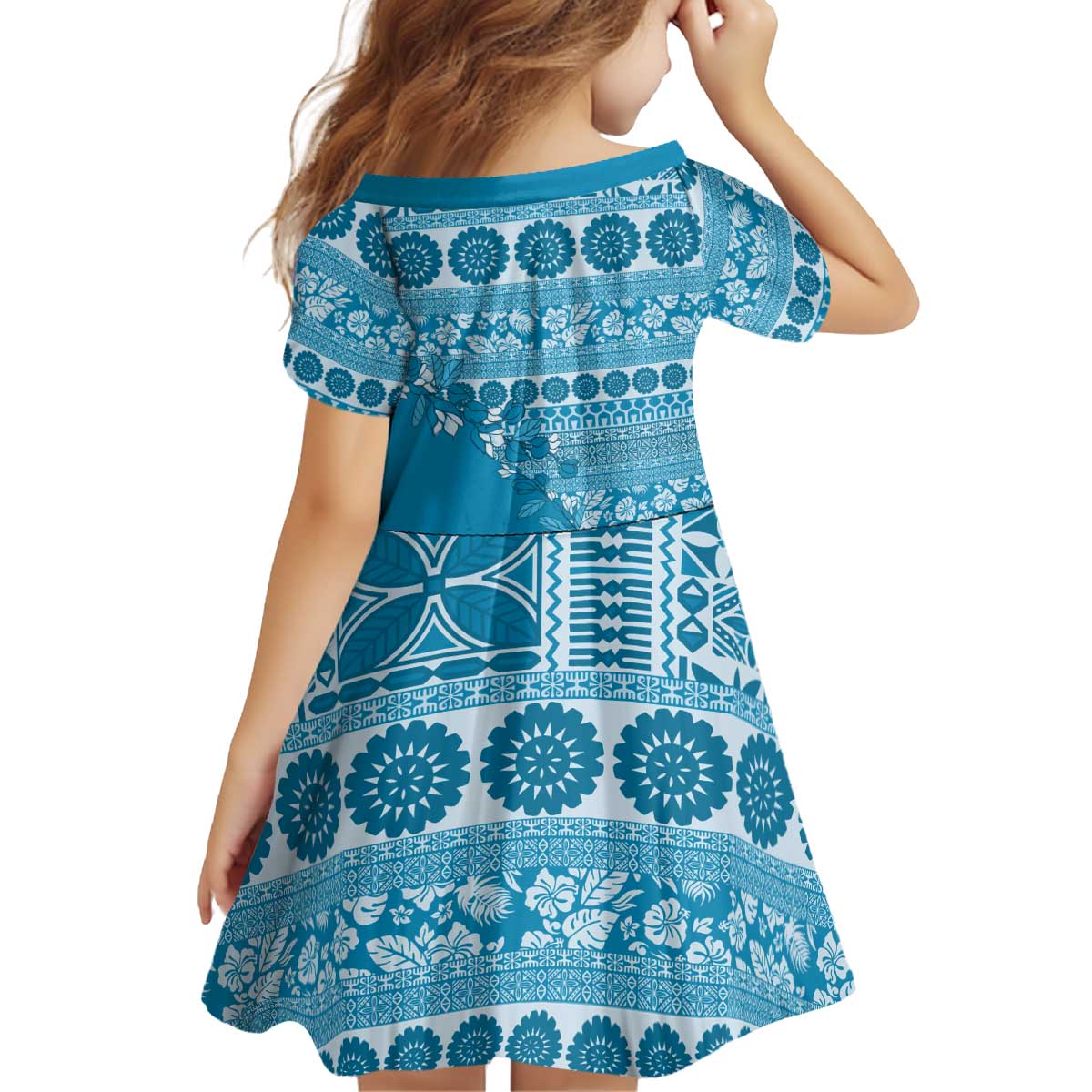 Fiji Marau na Kerisimasi Kid Short Sleeve Dress Aqua Tagimoucia Tapa Masi Tribal LT9 - Polynesian Pride