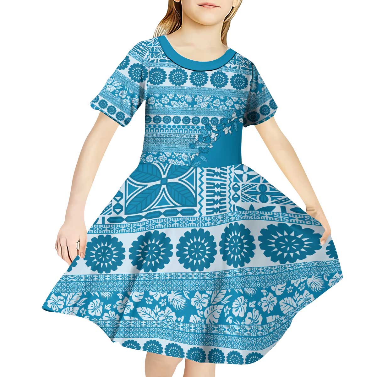 Fiji Marau na Kerisimasi Kid Short Sleeve Dress Aqua Tagimoucia Tapa Masi Tribal LT9 - Polynesian Pride
