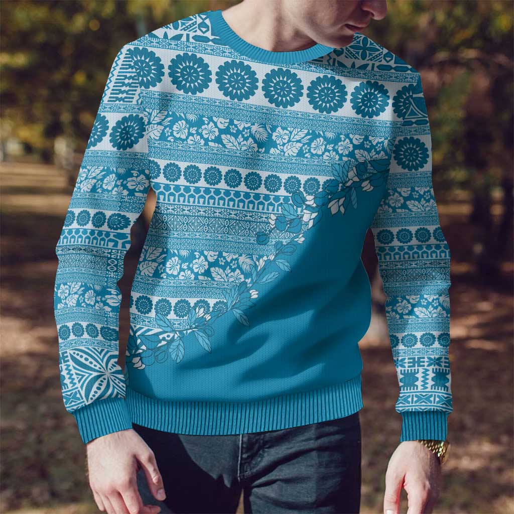 Fiji Marau na Kerisimasi Ugly Christmas Sweater Aqua Tagimoucia Tapa Masi Tribal LT9 - Polynesian Pride