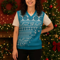 Fiji Marau na Kerisimasi Christmas Knitted V-Neck Vest Aqua Tagimoucia Tapa Masi Tribal LT9 - Polynesian Pride