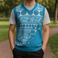 Fiji Marau na Kerisimasi Christmas Knitted V-Neck Vest Aqua Tagimoucia Tapa Masi Tribal LT9 - Polynesian Pride