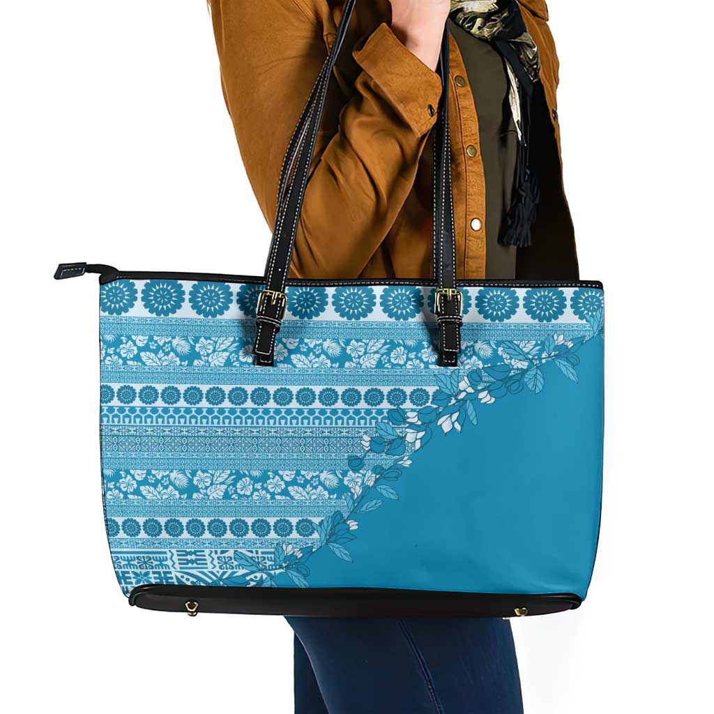 Fiji Marau na Kerisimasi Leather Tote Bag Aqua Tagimoucia Tapa Masi Tribal LT9 - Polynesian Pride