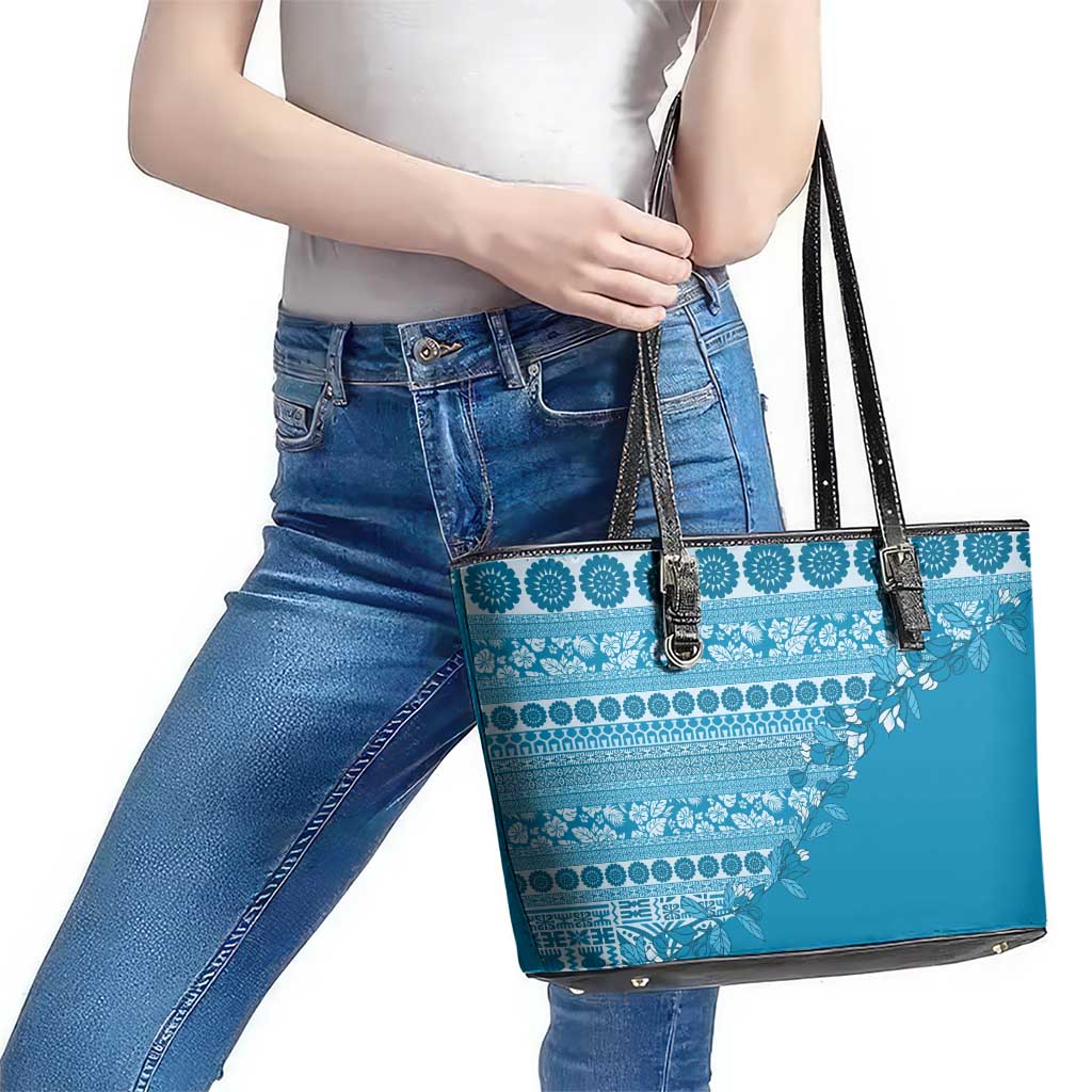 Fiji Marau na Kerisimasi Leather Tote Bag Aqua Tagimoucia Tapa Masi Tribal LT9 - Polynesian Pride