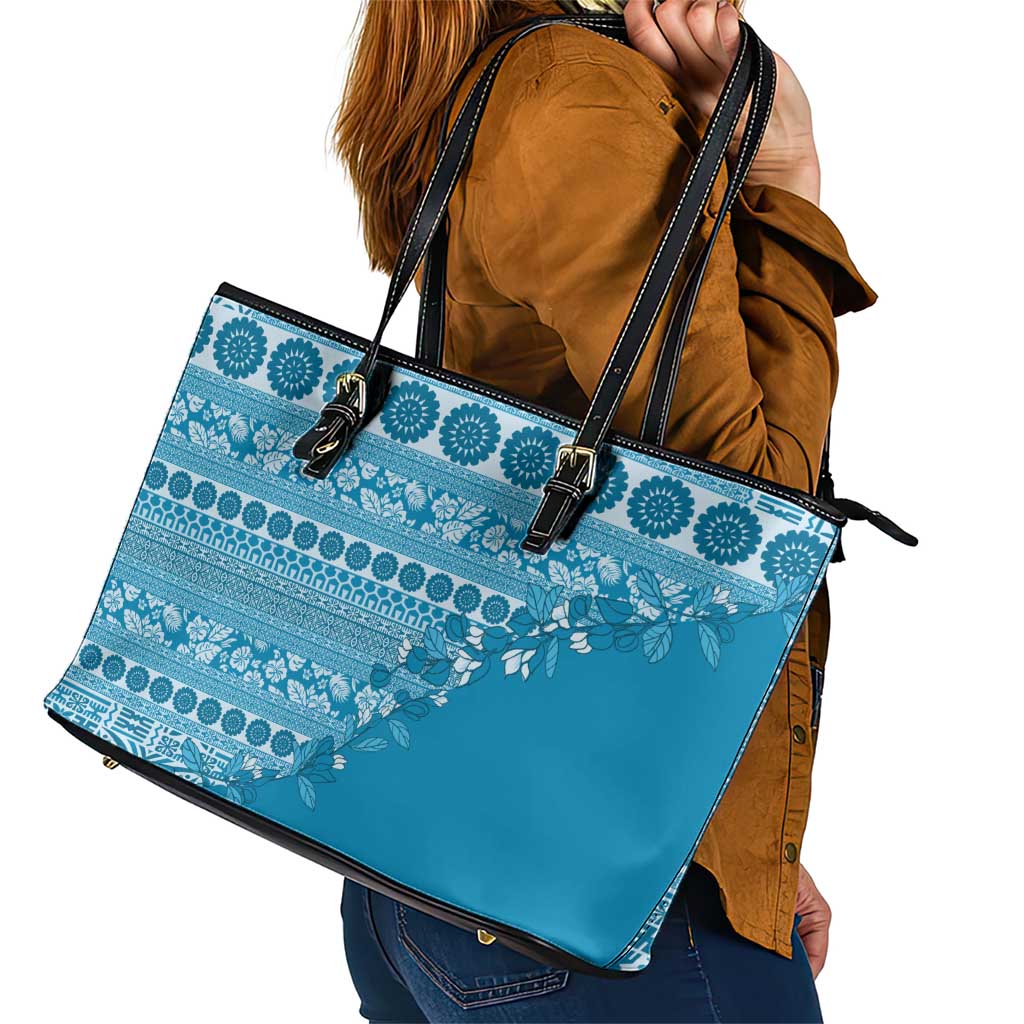 Fiji Marau na Kerisimasi Leather Tote Bag Aqua Tagimoucia Tapa Masi Tribal LT9 - Polynesian Pride