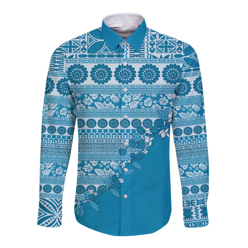 Fiji Marau na Kerisimasi Long Sleeve Button Shirt Aqua Tagimoucia Tapa Masi Tribal LT9 Unisex Aqua - Polynesian Pride