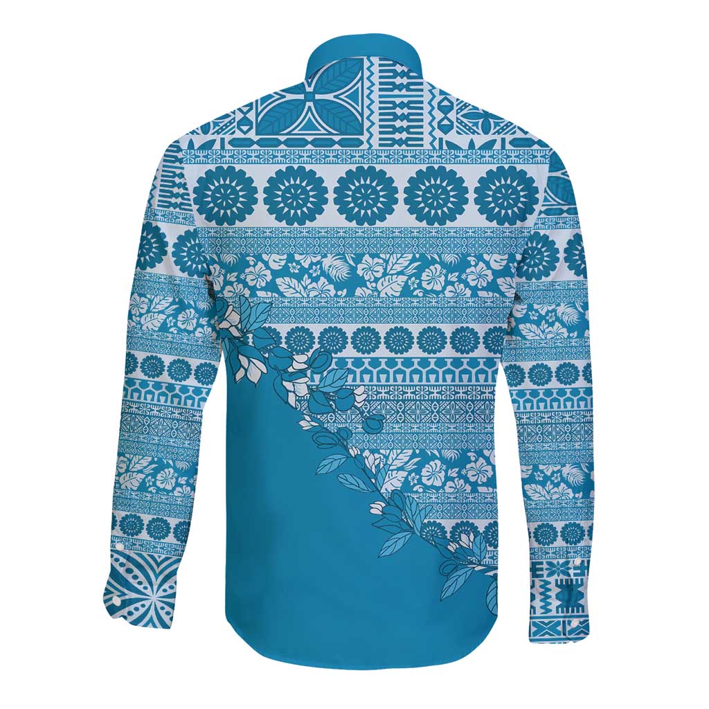 Fiji Marau na Kerisimasi Long Sleeve Button Shirt Aqua Tagimoucia Tapa Masi Tribal LT9 - Polynesian Pride