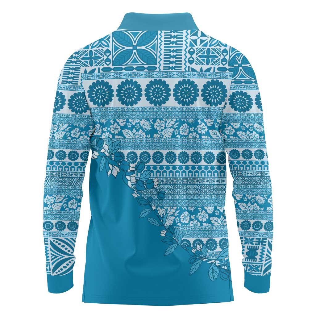 Fiji Marau na Kerisimasi Long Sleeve Polo Shirt Aqua Tagimoucia Tapa Masi Tribal LT9 - Polynesian Pride