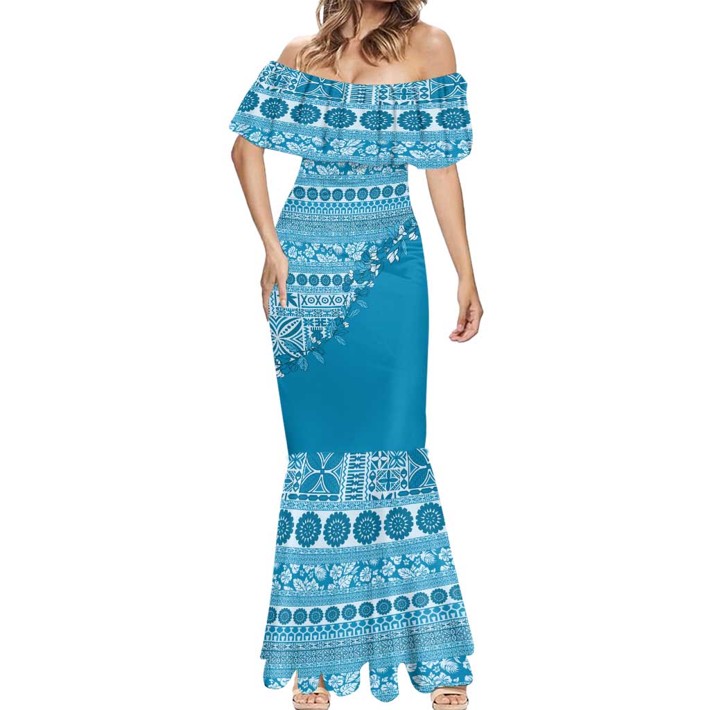 Fiji Marau na Kerisimasi Mermaid Dress Aqua Tagimoucia Tapa Masi Tribal LT9 - Polynesian Pride