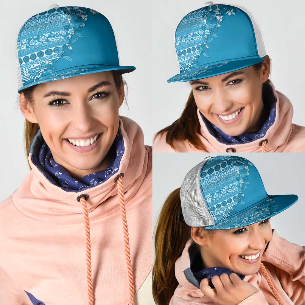 Fiji Marau na Kerisimasi Mesh Trucker Cap Aqua Tagimoucia Tapa Masi Tribal - Polynesian Pride