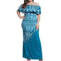 Fiji Marau na Kerisimasi Off Shoulder Maxi Dress Aqua Tagimoucia Tapa Masi Tribal LT9 Women Aqua - Polynesian Pride