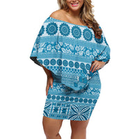 Fiji Marau na Kerisimasi Off Shoulder Short Dress Aqua Tagimoucia Tapa Masi Tribal LT9 Women Aqua - Polynesian Pride