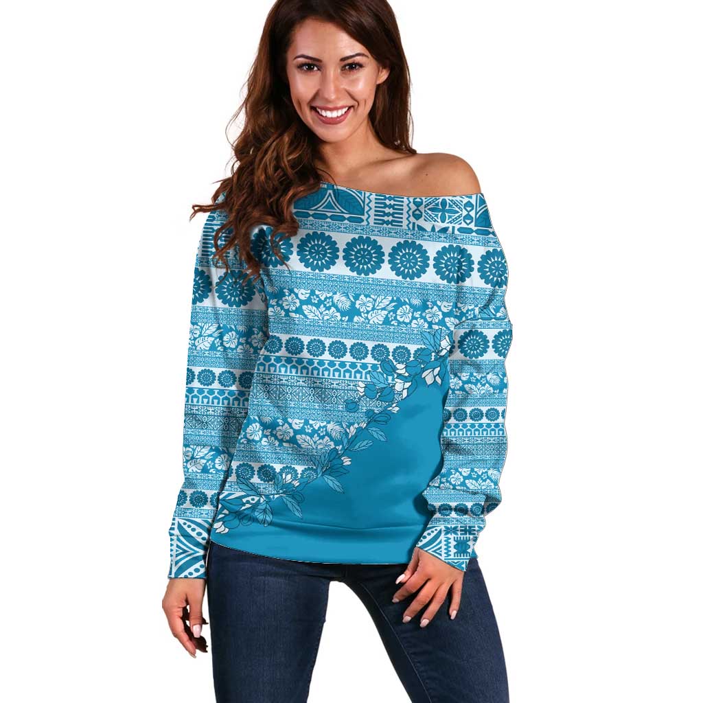 Fiji Marau na Kerisimasi Off Shoulder Sweater Aqua Tagimoucia Tapa Masi Tribal LT9 Women Aqua - Polynesian Pride
