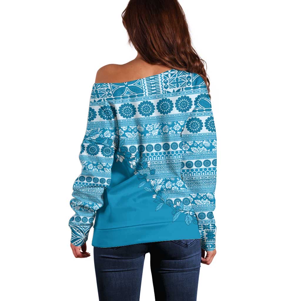 Fiji Marau na Kerisimasi Off Shoulder Sweater Aqua Tagimoucia Tapa Masi Tribal LT9 - Polynesian Pride