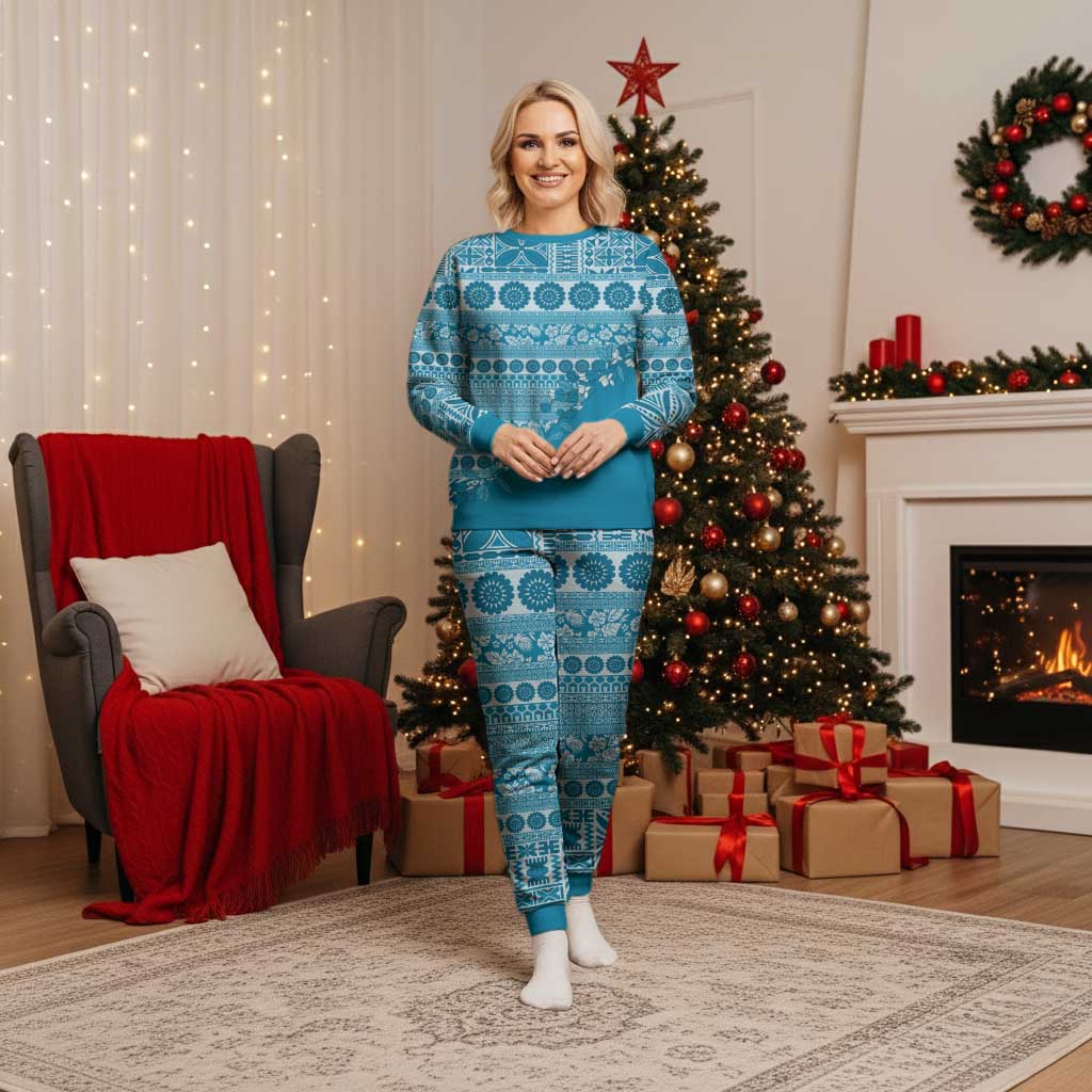 Fiji Marau na Kerisimasi Christmas Pajama Set Aqua Tagimoucia Tapa Masi Tribal LT9 Women Aqua - Polynesian Pride