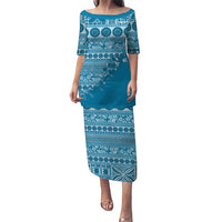 Fiji Marau na Kerisimasi Puletasi Aqua Tagimoucia Tapa Masi Tribal LT9 Long Dress Aqua - Polynesian Pride