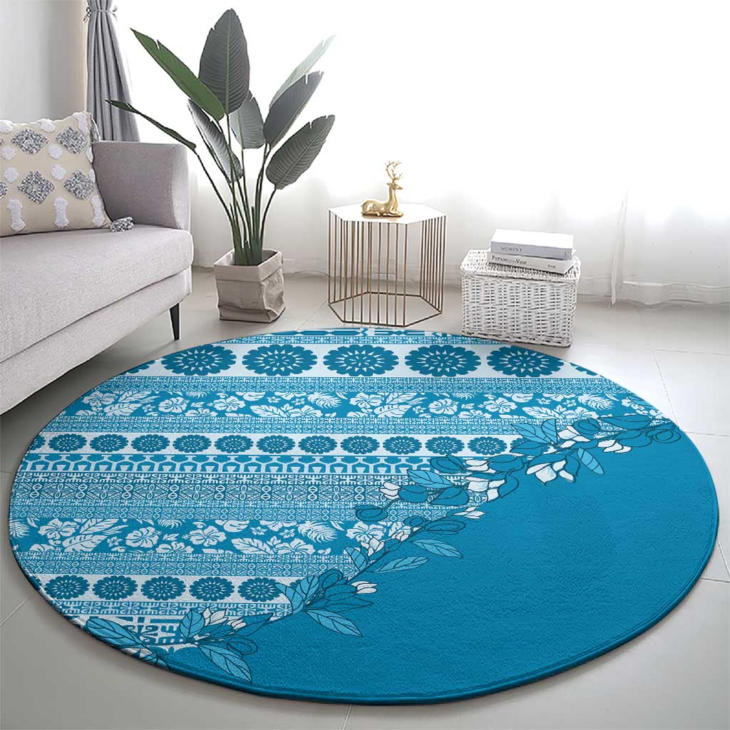 Fiji Marau na Kerisimasi Round Carpet Aqua Tagimoucia Tapa Masi Tribal LT9 - Polynesian Pride