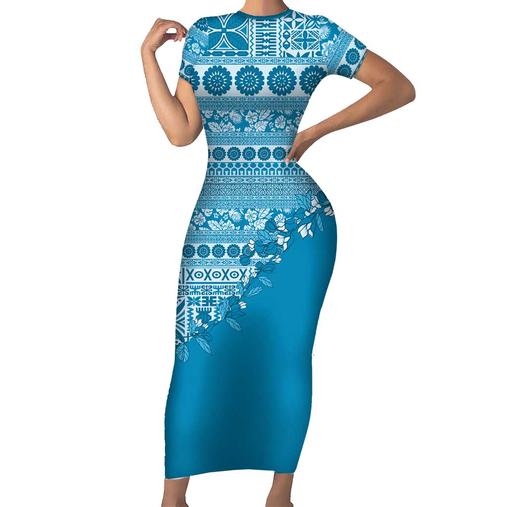 Fiji Marau na Kerisimasi Short Sleeve Bodycon Dress Aqua Tagimoucia Tapa Masi Tribal LT9 Long Dress Aqua - Polynesian Pride