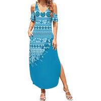Fiji Marau na Kerisimasi Summer Maxi Dress Aqua Tagimoucia Tapa Masi Tribal LT9 Women Aqua - Polynesian Pride