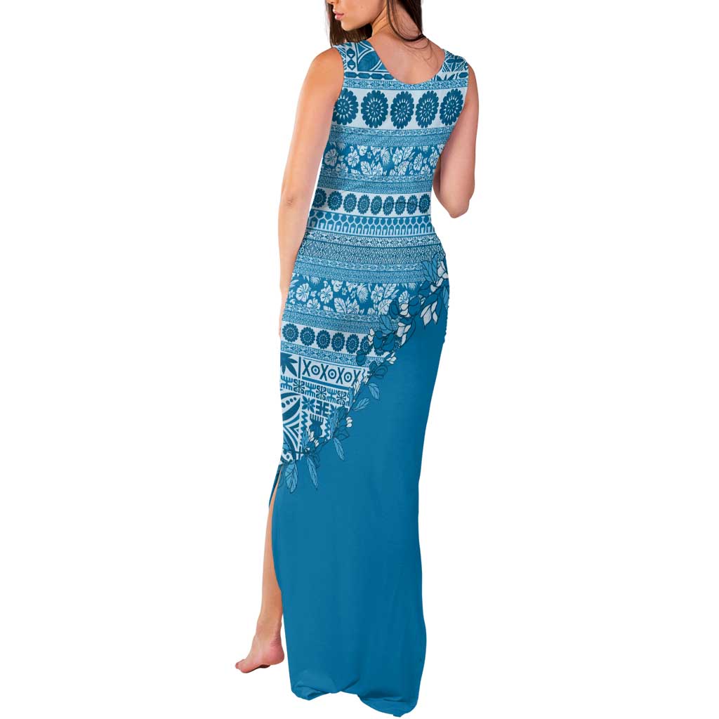 Fiji Marau na Kerisimasi Tank Maxi Dress Aqua Tagimoucia Tapa Masi Tribal LT9 - Polynesian Pride