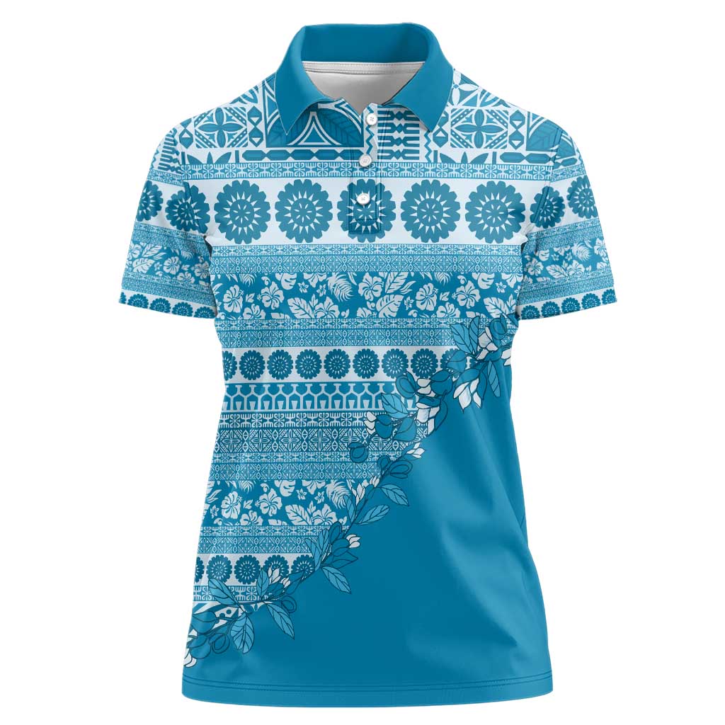 Fiji Marau na Kerisimasi Women Polo Shirt Aqua Tagimoucia Tapa Masi Tribal - Polynesian Pride