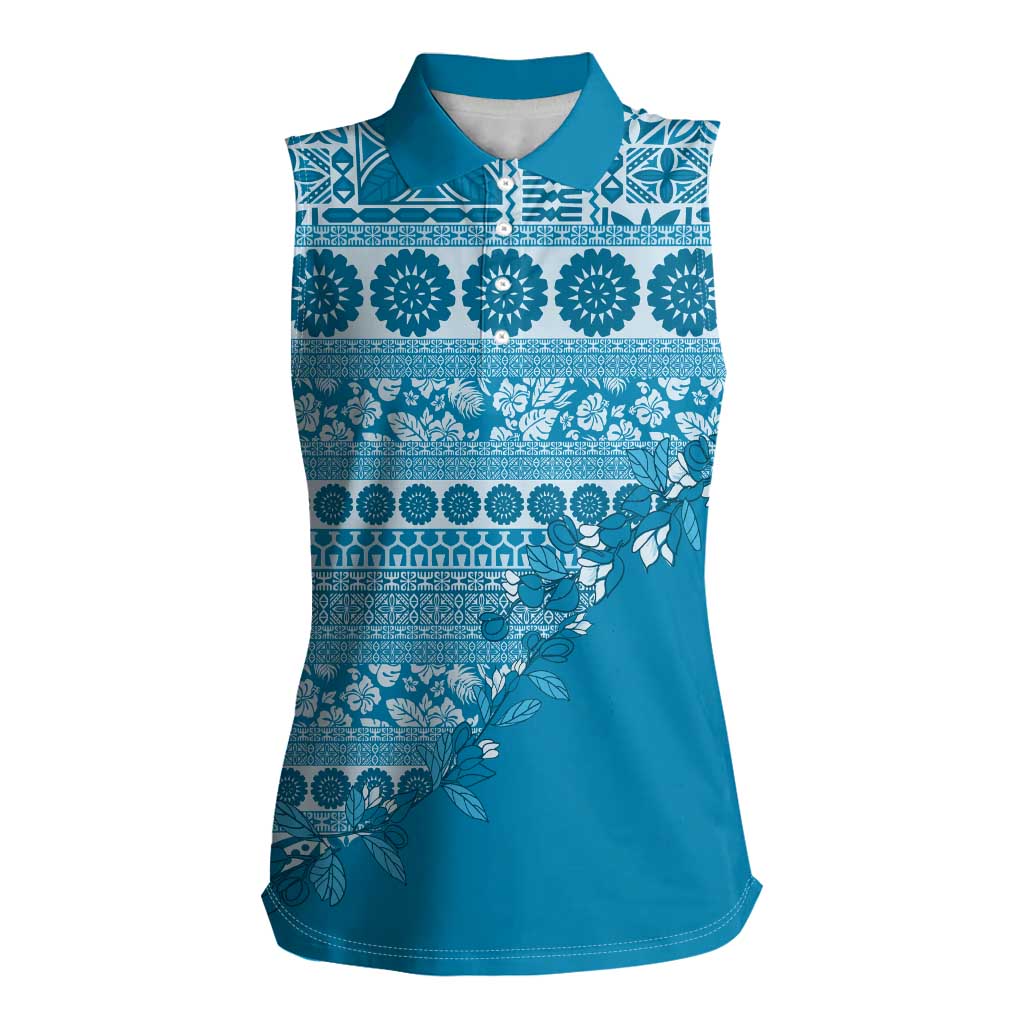 Fiji Marau na Kerisimasi Women Sleeveless Polo Shirt Aqua Tagimoucia Tapa Masi Tribal - Polynesian Pride