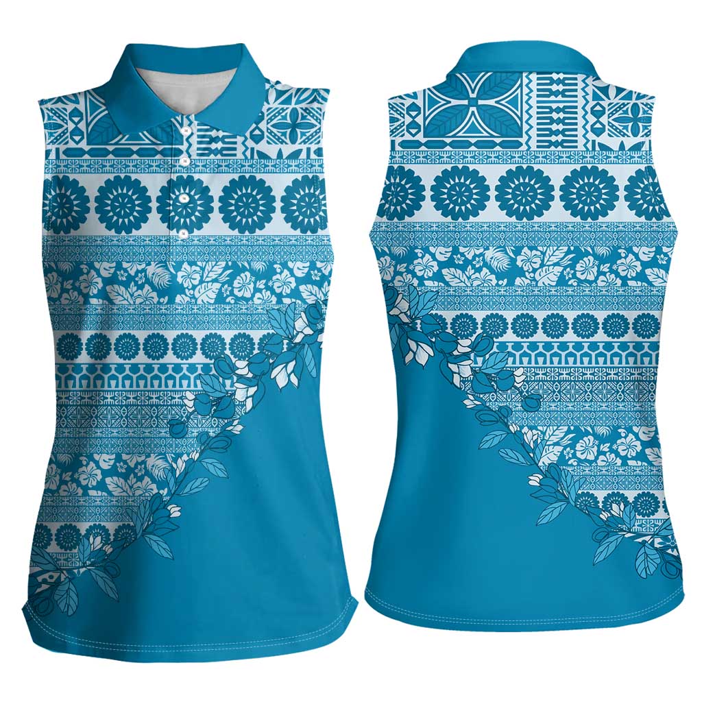 Fiji Marau na Kerisimasi Women Sleeveless Polo Shirt Aqua Tagimoucia Tapa Masi Tribal LT9 - Polynesian Pride