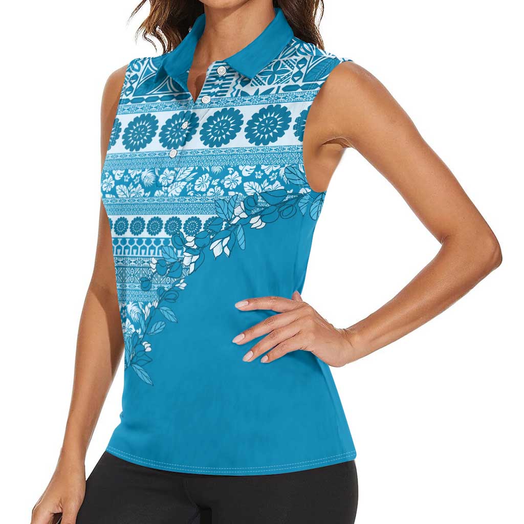 Fiji Marau na Kerisimasi Women Sleeveless Polo Shirt Aqua Tagimoucia Tapa Masi Tribal LT9 - Polynesian Pride