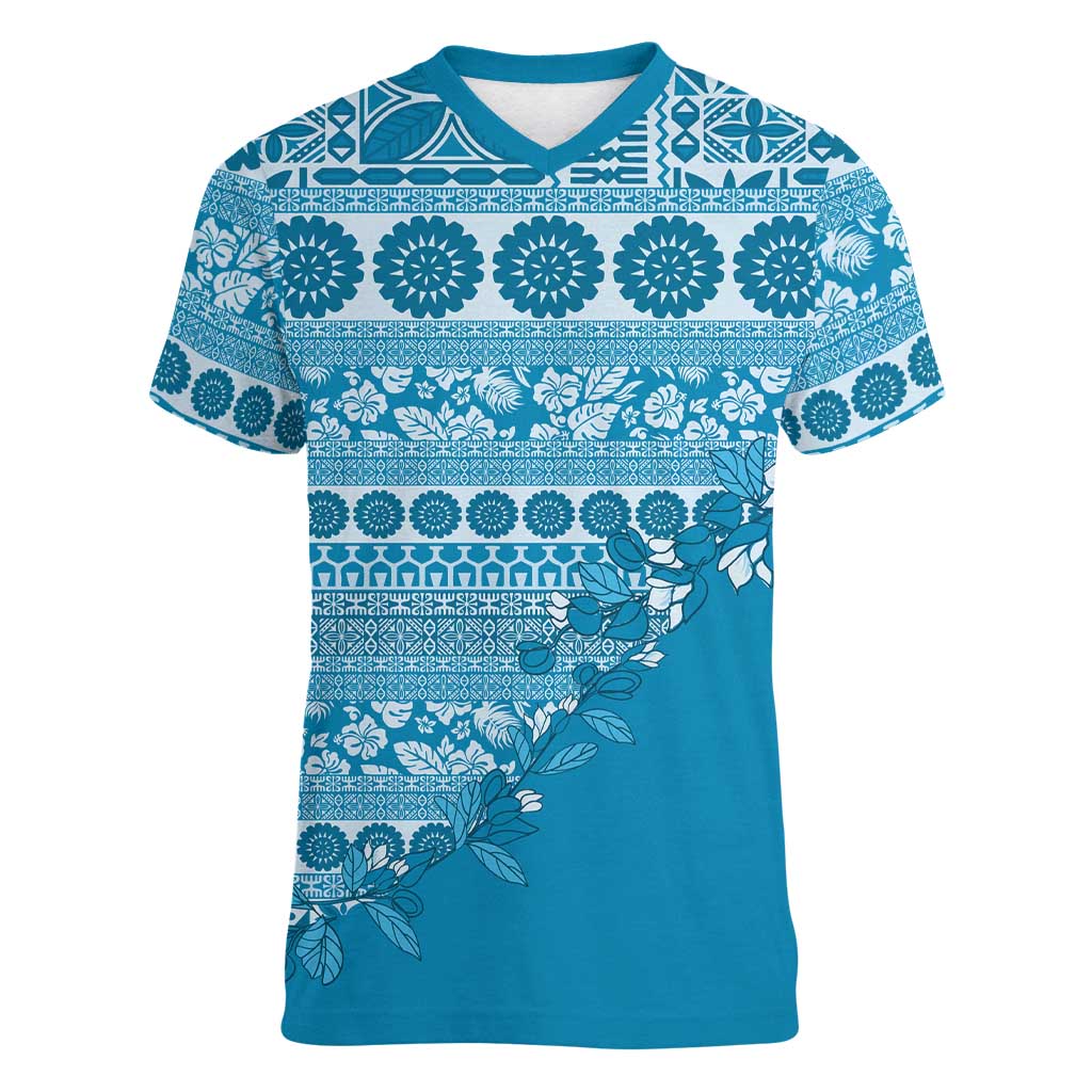 Fiji Marau na Kerisimasi Women V-Neck T-Shirt Aqua Tagimoucia Tapa Masi Tribal LT9 Female Aqua - Polynesian Pride