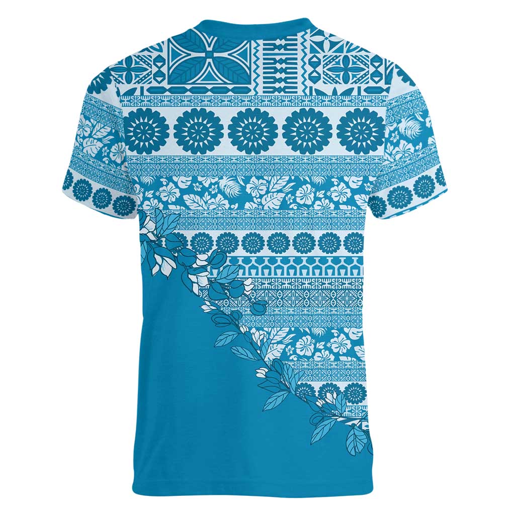 Fiji Marau na Kerisimasi Women V-Neck T-Shirt Aqua Tagimoucia Tapa Masi Tribal LT9 - Polynesian Pride