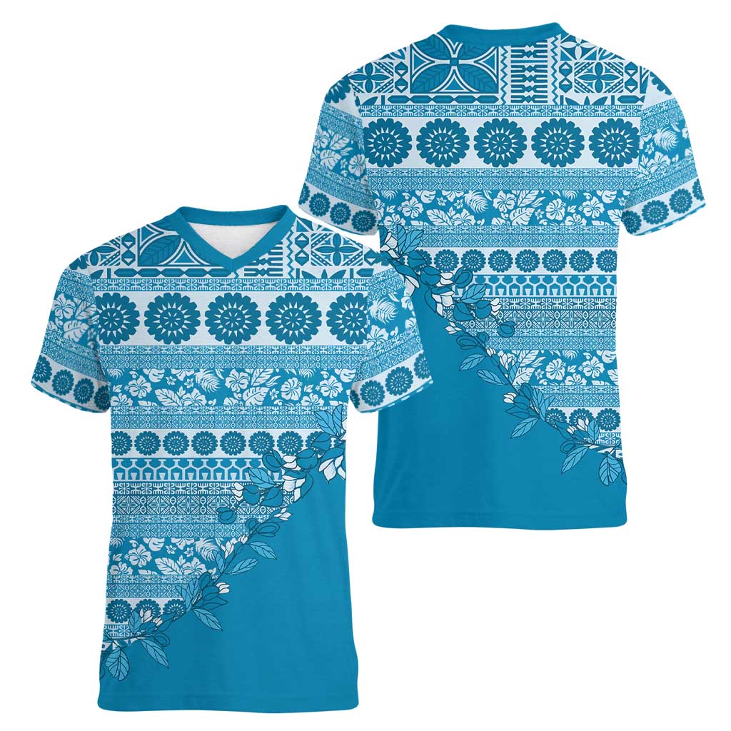 Fiji Marau na Kerisimasi Women V-Neck T-Shirt Aqua Tagimoucia Tapa Masi Tribal LT9 - Polynesian Pride