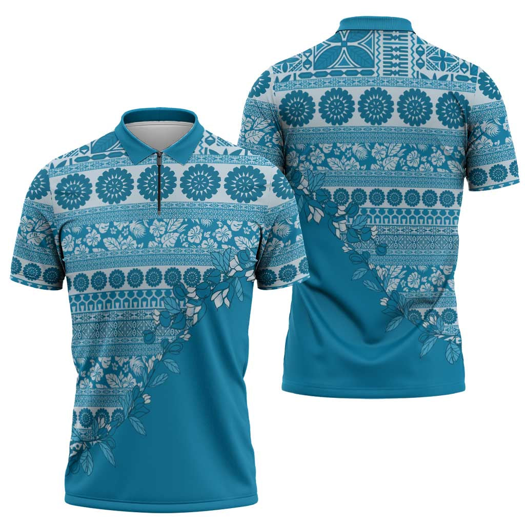 Fiji Marau na Kerisimasi Zipper Polo Shirt Aqua Tagimoucia Tapa Masi Tribal LT9 - Polynesian Pride