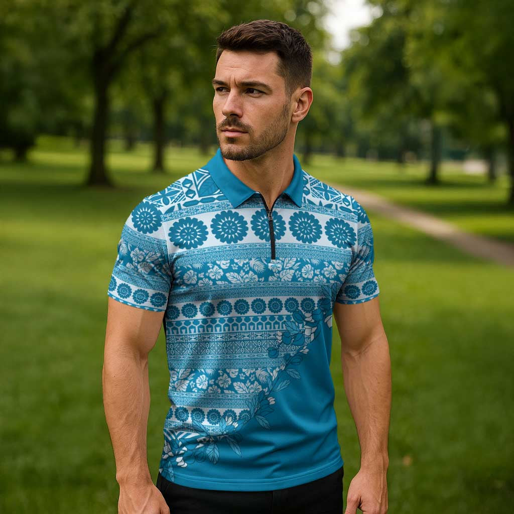 Fiji Marau na Kerisimasi Zipper Polo Shirt Aqua Tagimoucia Tapa Masi Tribal LT9 - Polynesian Pride