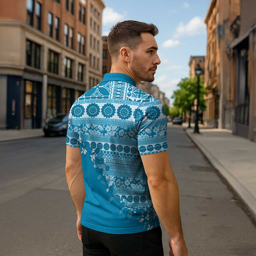 Fiji Marau na Kerisimasi Zipper Polo Shirt Aqua Tagimoucia Tapa Masi Tribal LT9 - Polynesian Pride