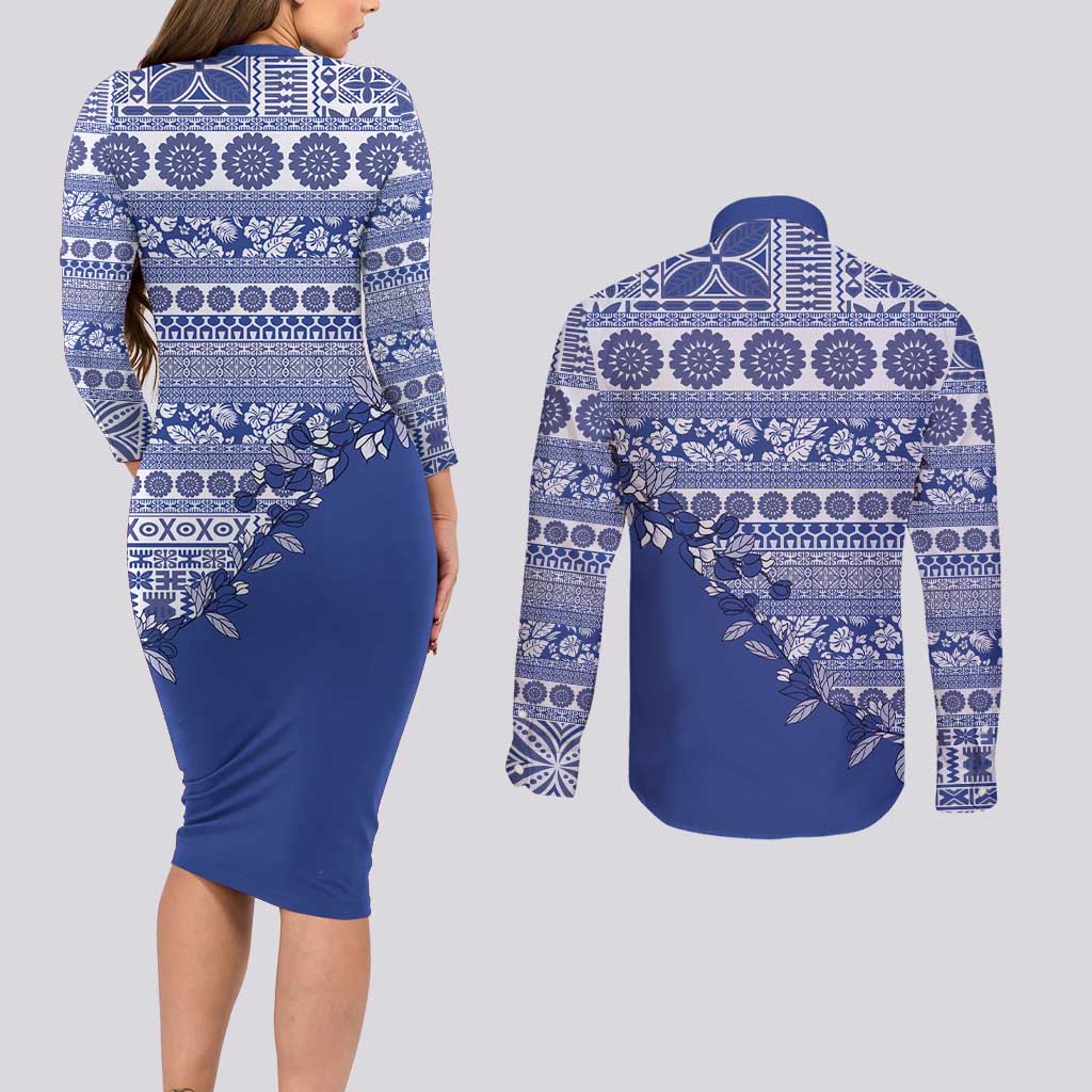 Fiji Marau na Kerisimasi Couples Matching Long Sleeve Bodycon Dress and Long Sleeve Button Shirt Blue Tagimoucia Tapa Masi Tribal LT9 - Polynesian Pride