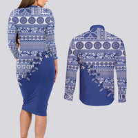 Fiji Marau na Kerisimasi Couples Matching Long Sleeve Bodycon Dress and Long Sleeve Button Shirt Blue Tagimoucia Tapa Masi Tribal LT9 - Polynesian Pride
