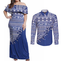 Fiji Marau na Kerisimasi Couples Matching Off Shoulder Maxi Dress and Long Sleeve Button Shirt Blue Tagimoucia Tapa Masi Tribal LT9 Blue - Polynesian Pride