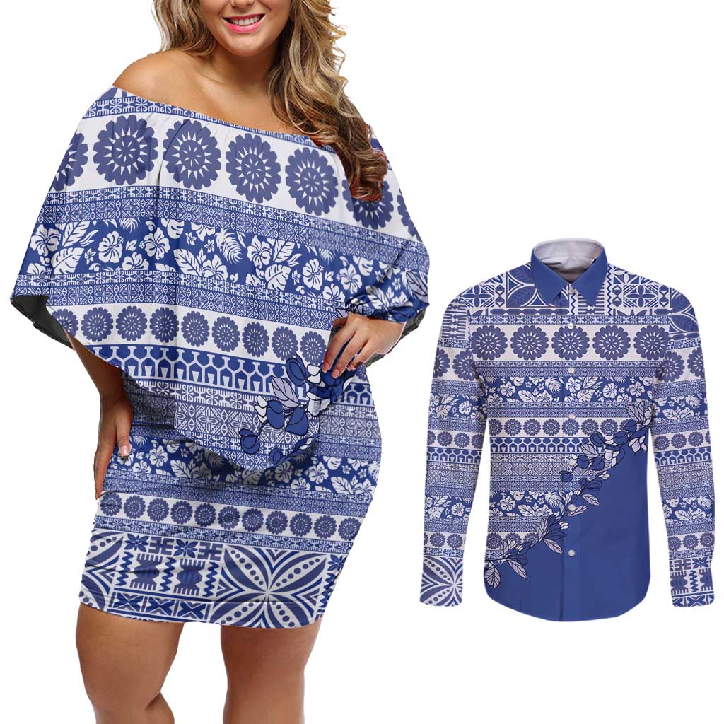 Fiji Marau na Kerisimasi Couples Matching Off Shoulder Short Dress and Long Sleeve Button Shirt Blue Tagimoucia Tapa Masi Tribal LT9 Blue - Polynesian Pride