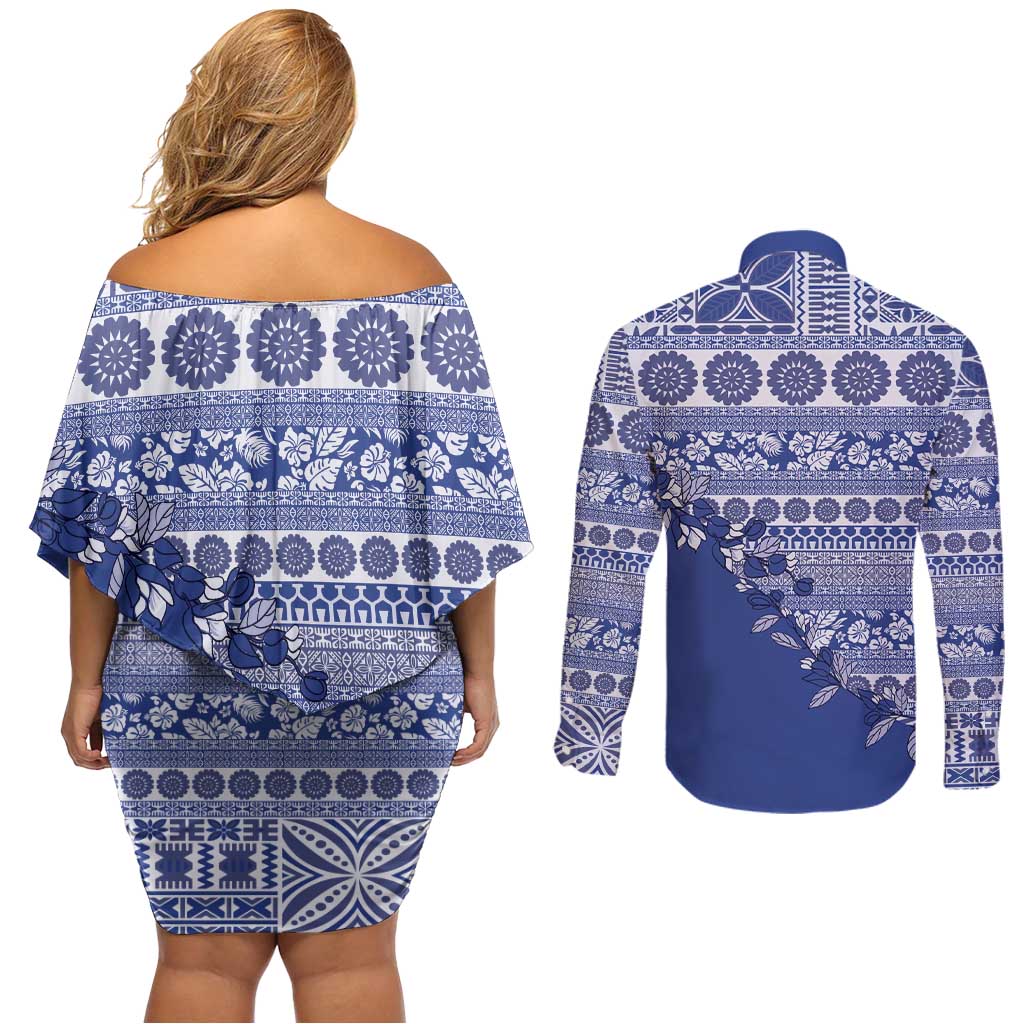 Fiji Marau na Kerisimasi Couples Matching Off Shoulder Short Dress and Long Sleeve Button Shirt Blue Tagimoucia Tapa Masi Tribal LT9 - Polynesian Pride
