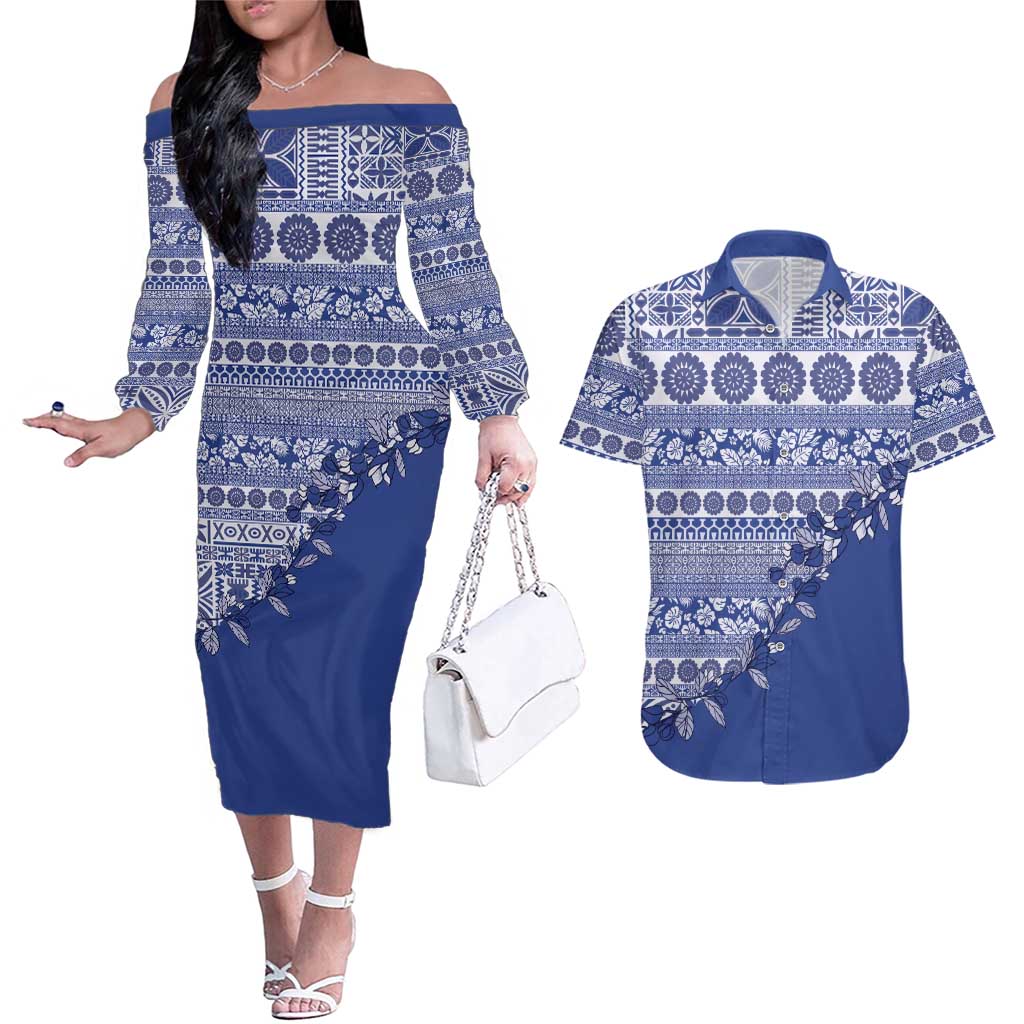 Fiji Marau na Kerisimasi Couples Matching Off The Shoulder Long Sleeve Dress and Hawaiian Shirt Blue Tagimoucia Tapa Masi Tribal LT9 Blue - Polynesian Pride