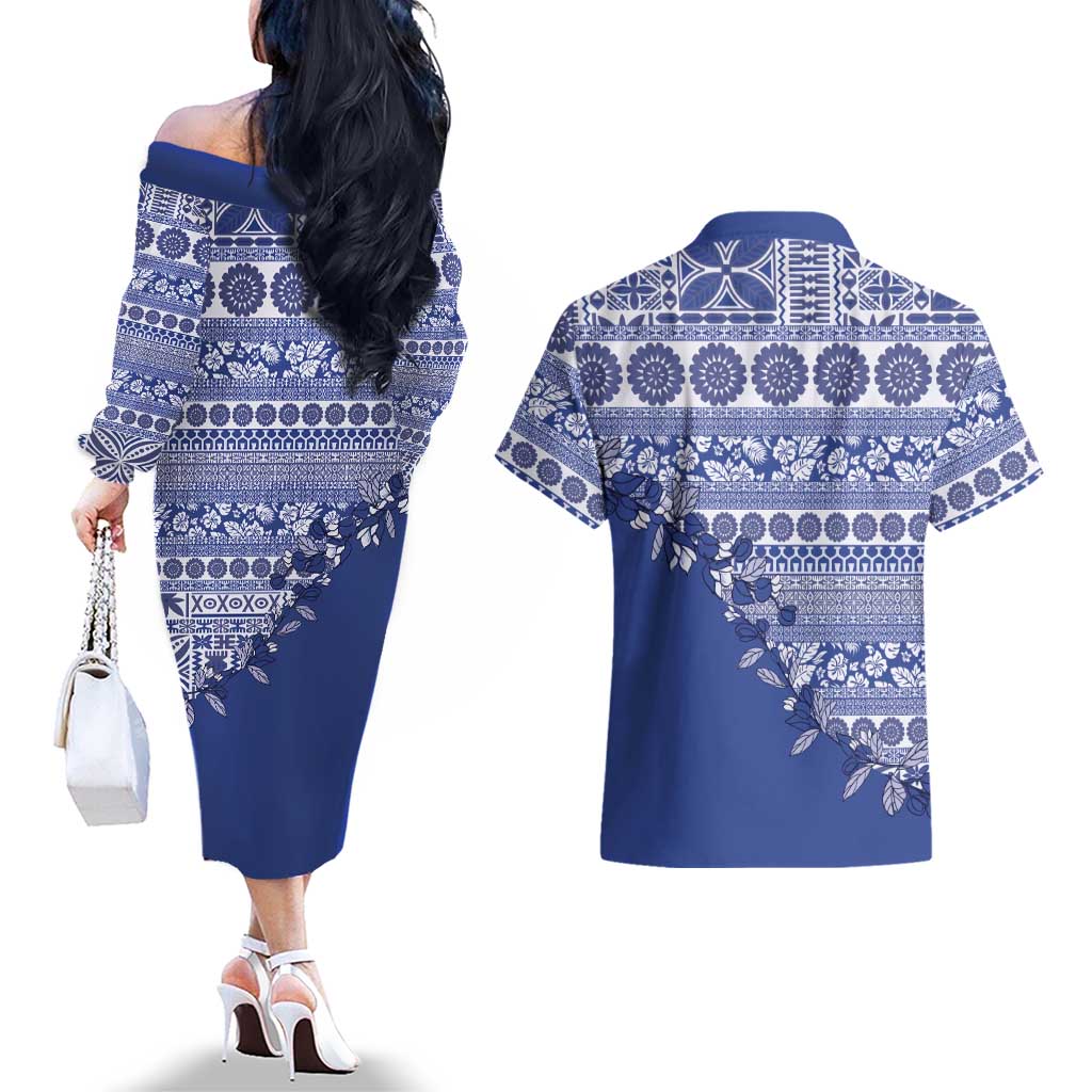 Fiji Marau na Kerisimasi Couples Matching Off The Shoulder Long Sleeve Dress and Hawaiian Shirt Blue Tagimoucia Tapa Masi Tribal LT9 - Polynesian Pride
