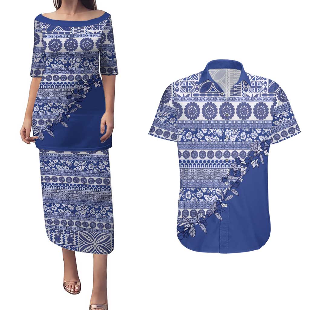 Fiji Marau na Kerisimasi Couples Matching Puletasi and Hawaiian Shirt Blue Tagimoucia Tapa Masi Tribal LT9 Blue - Polynesian Pride