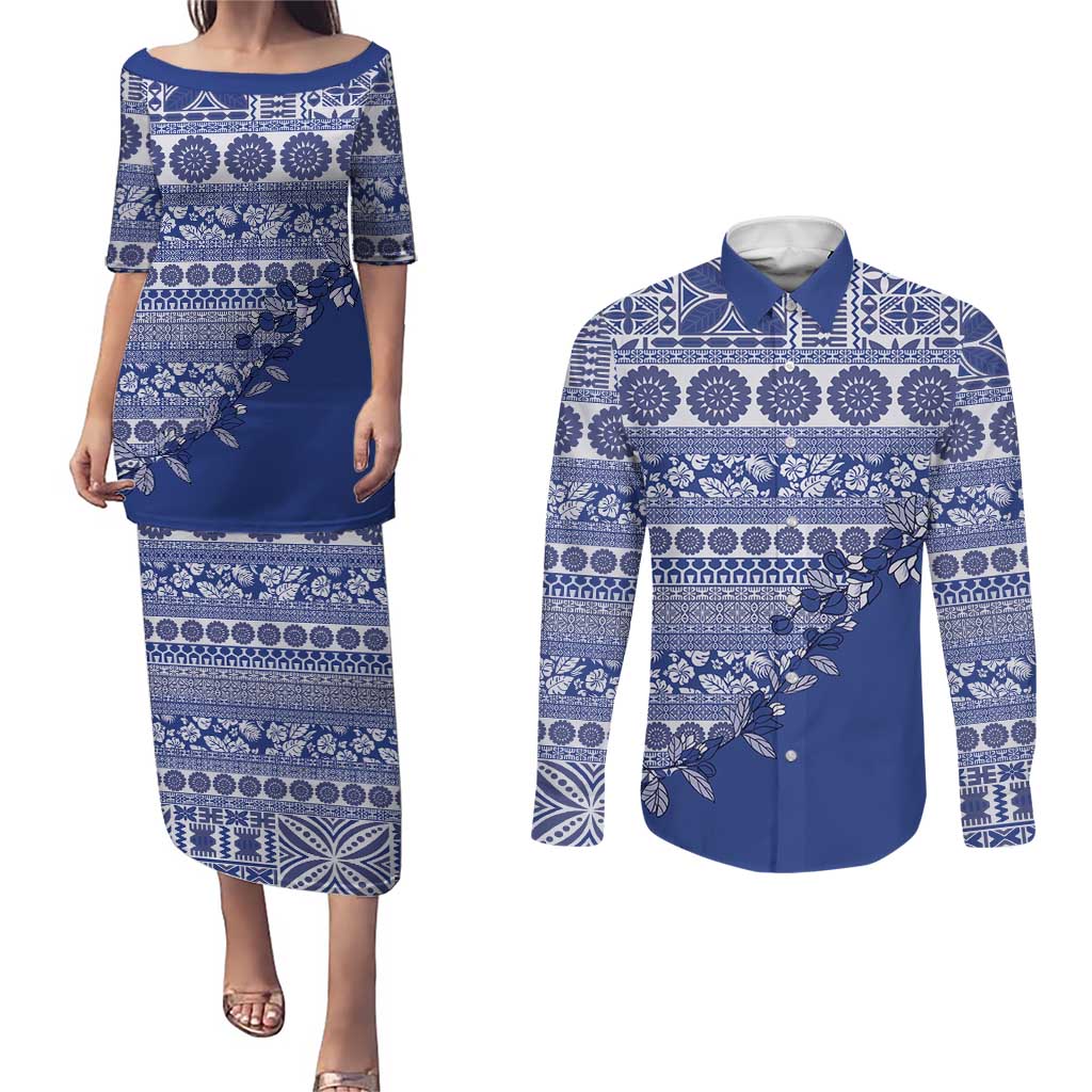 Fiji Marau na Kerisimasi Couples Matching Puletasi and Long Sleeve Button Shirt Blue Tagimoucia Tapa Masi Tribal LT9 Blue - Polynesian Pride