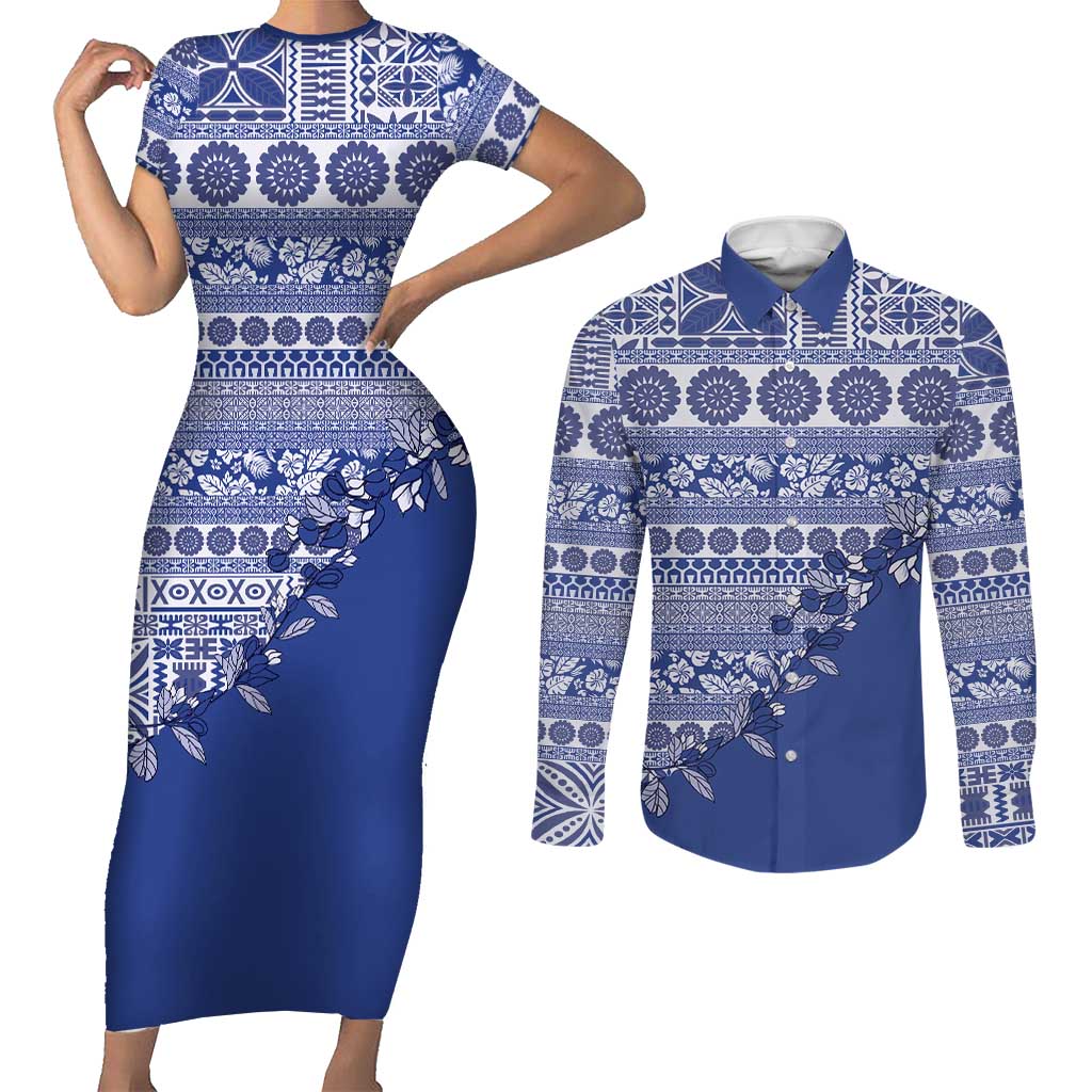Fiji Marau na Kerisimasi Couples Matching Short Sleeve Bodycon Dress and Long Sleeve Button Shirt Blue Tagimoucia Tapa Masi Tribal LT9 Blue - Polynesian Pride