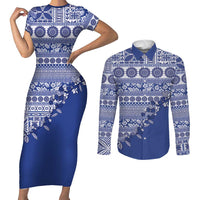 Fiji Marau na Kerisimasi Couples Matching Short Sleeve Bodycon Dress and Long Sleeve Button Shirt Blue Tagimoucia Tapa Masi Tribal LT9 Blue - Polynesian Pride