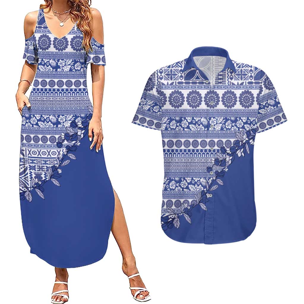 Fiji Marau na Kerisimasi Couples Matching Summer Maxi Dress and Hawaiian Shirt Blue Tagimoucia Tapa Masi Tribal LT9 Blue - Polynesian Pride