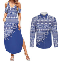 Fiji Marau na Kerisimasi Couples Matching Summer Maxi Dress and Long Sleeve Button Shirt Blue Tagimoucia Tapa Masi Tribal LT9 Blue - Polynesian Pride