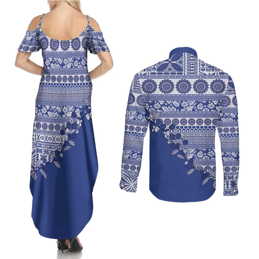 Fiji Marau na Kerisimasi Couples Matching Summer Maxi Dress and Long Sleeve Button Shirt Blue Tagimoucia Tapa Masi Tribal LT9 - Polynesian Pride