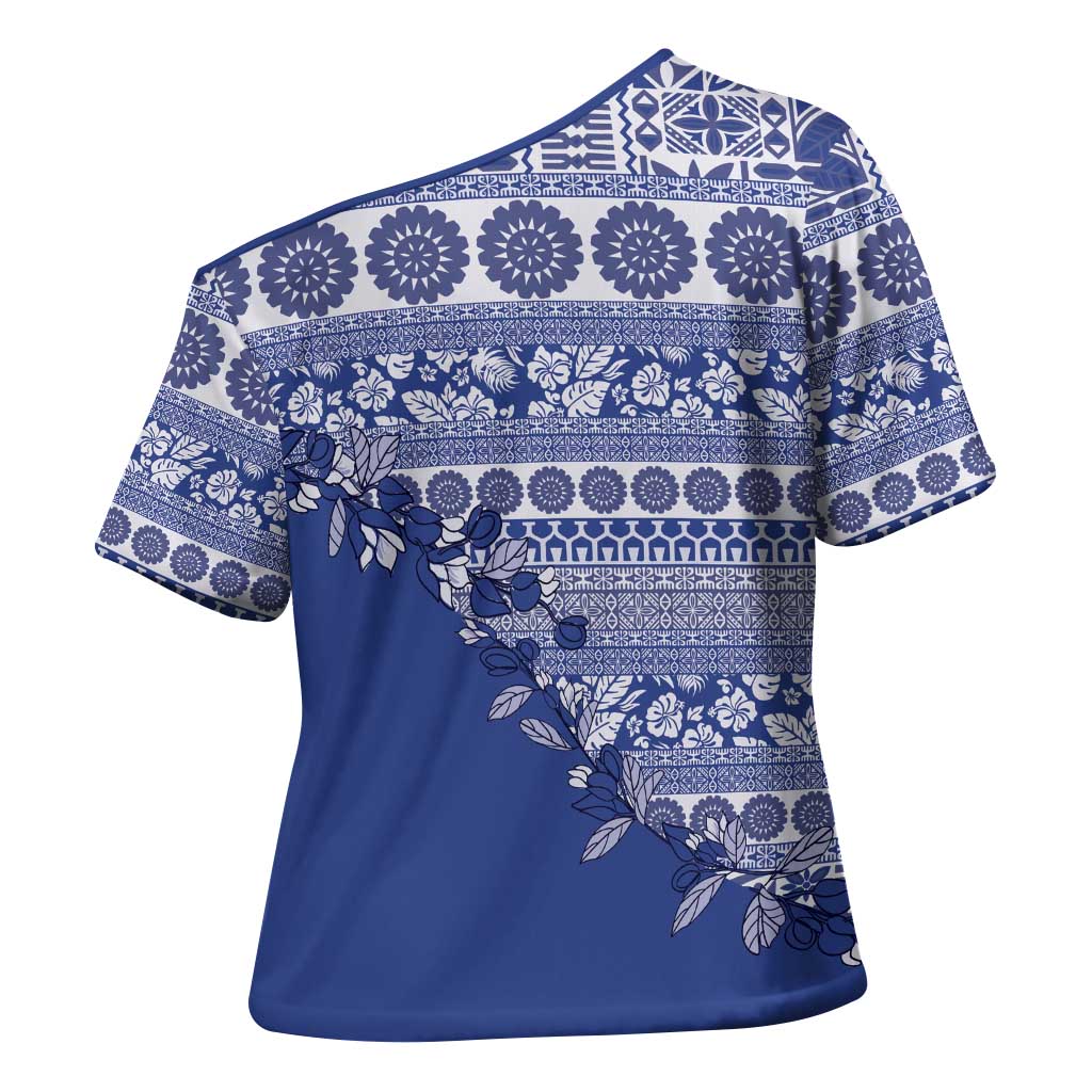 Fiji Marau na Kerisimasi Cross Shoulder Shirt Blue Tagimoucia Tapa Masi Tribal LT9 - Polynesian Pride