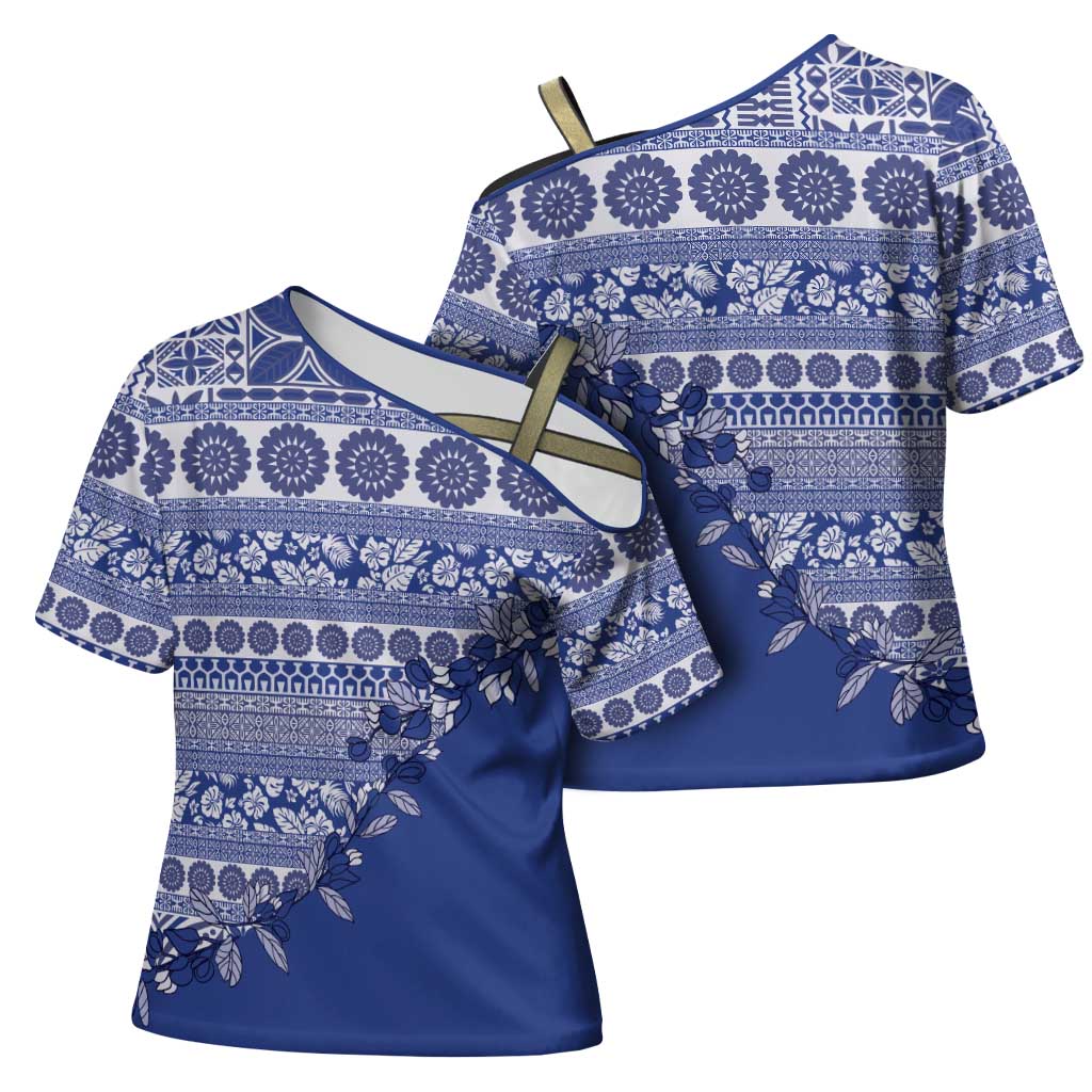 Fiji Marau na Kerisimasi Cross Shoulder Shirt Blue Tagimoucia Tapa Masi Tribal LT9 - Polynesian Pride