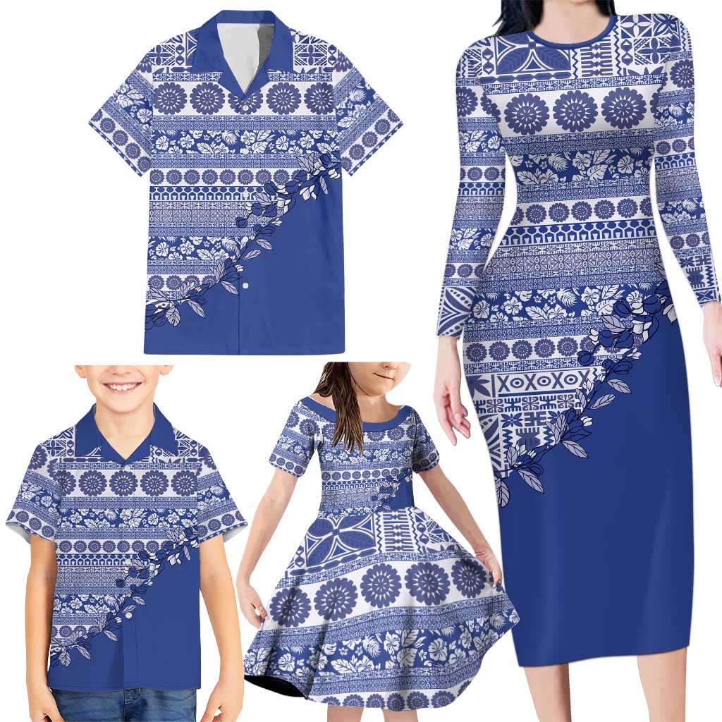 Fiji Marau na Kerisimasi Family Matching Long Sleeve Bodycon Dress and Hawaiian Shirt Blue Tagimoucia Tapa Masi Tribal LT9 - Polynesian Pride